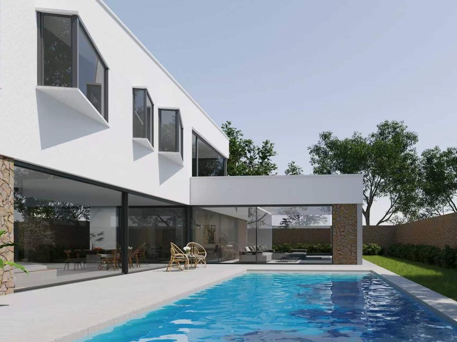 Showroom facade with full-size aluminium sample windows
