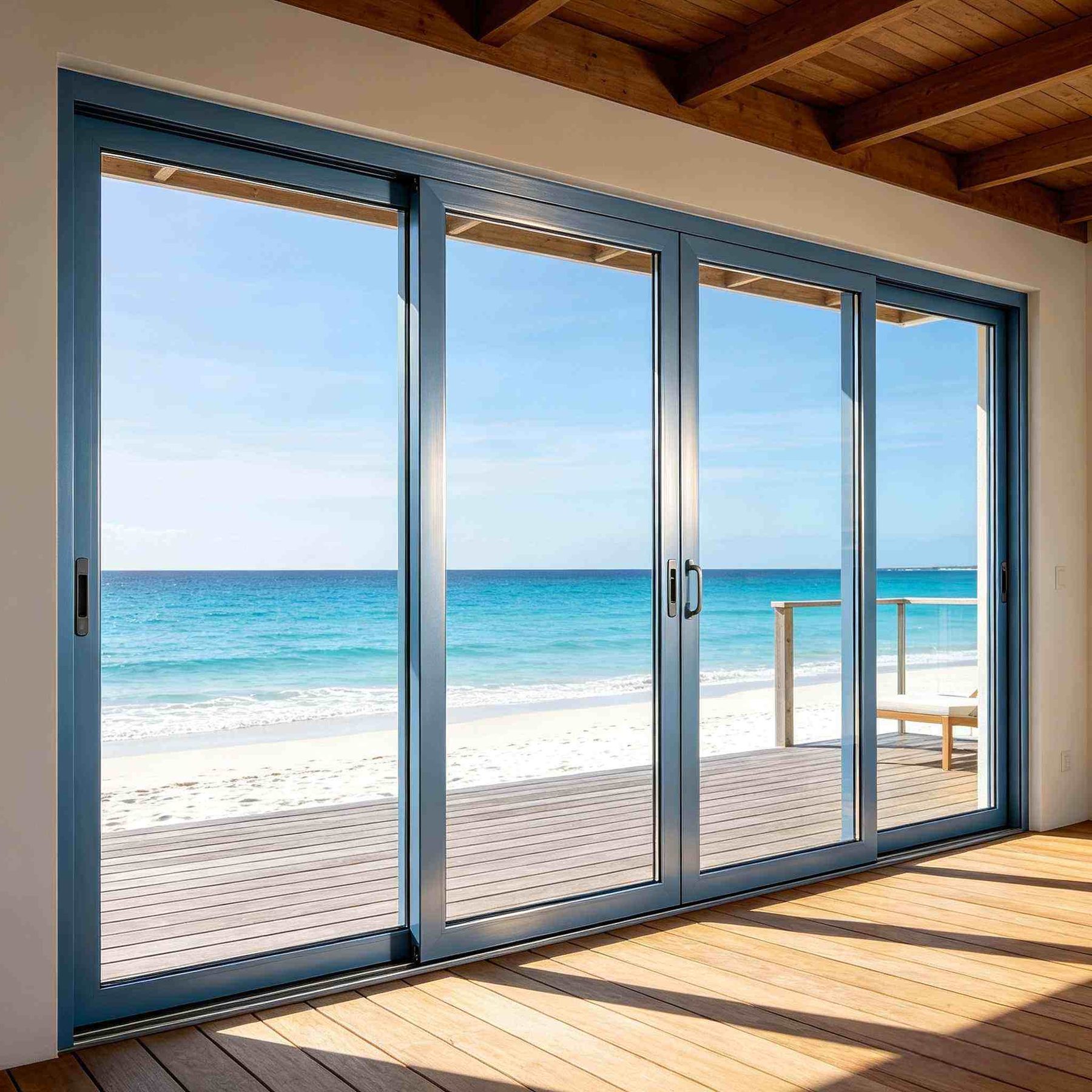 Thermal break aluminium sliding door system opening onto a coastal terrace