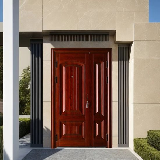 Wood finish aluminium entrance door with side panel in a stone portal