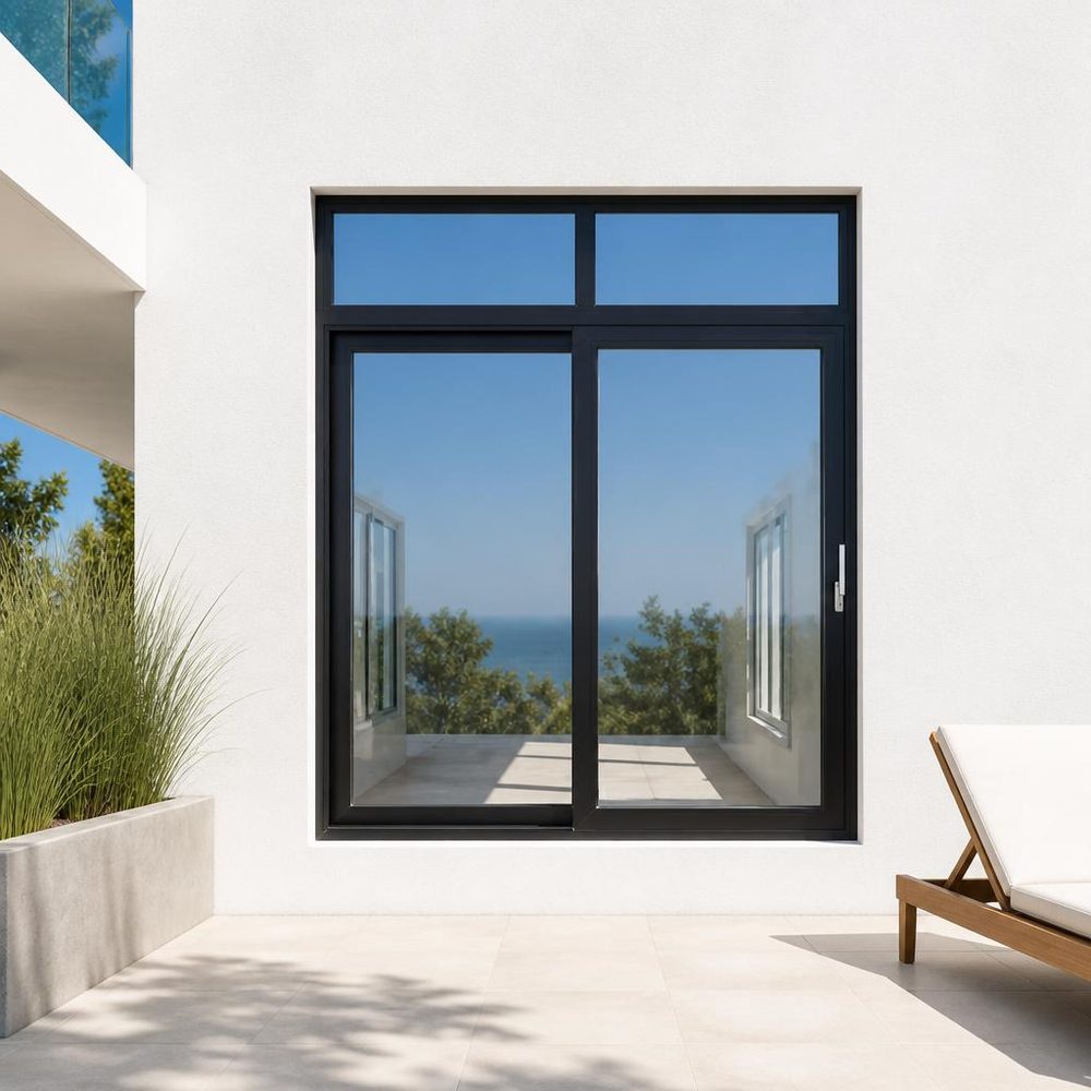 Two panel aluminium sliding window with slim frame in a coastal villa